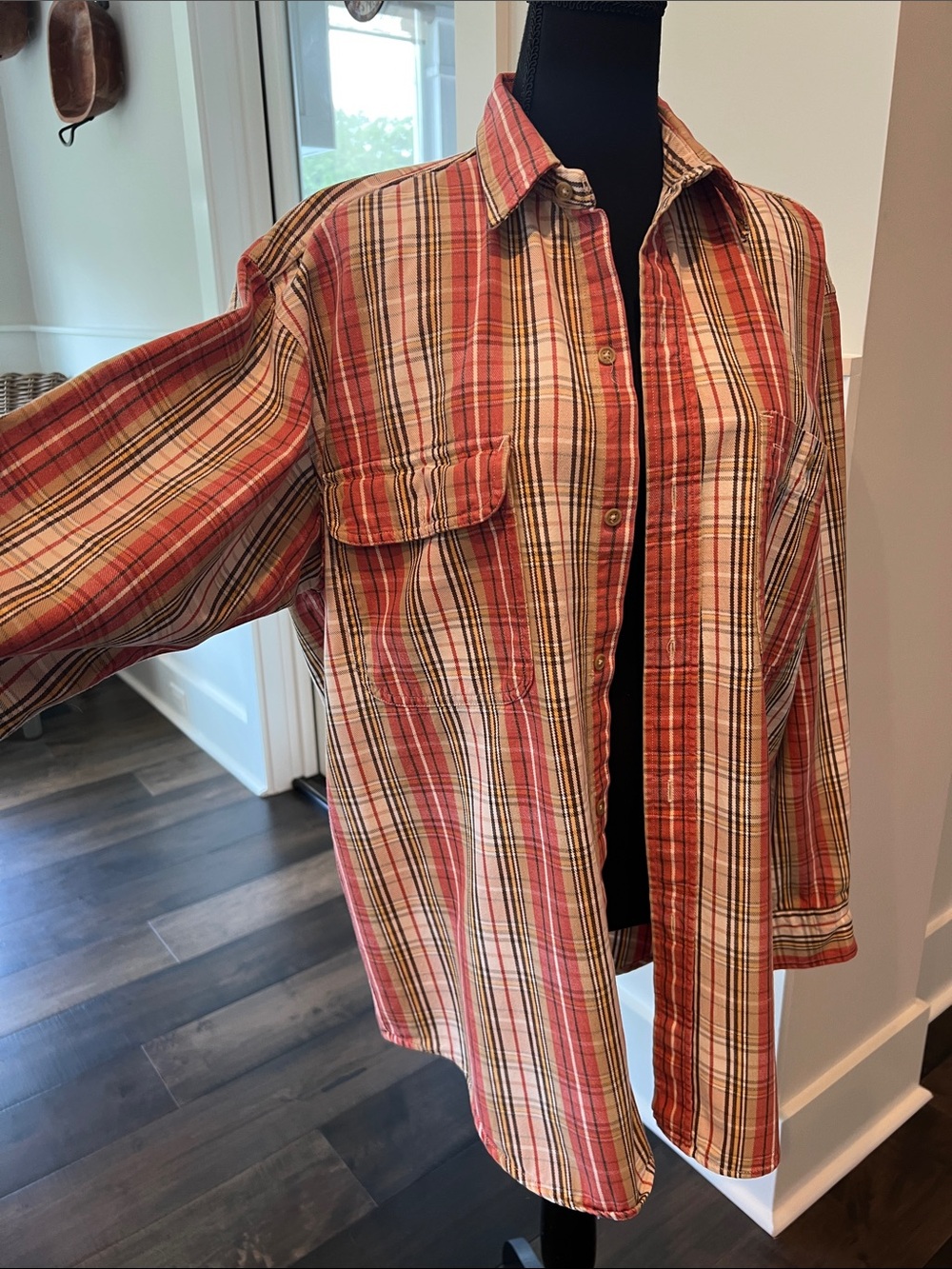 Calvin Klein Red Cream Plaid Button-Down Denim Shirt with Tan Accents